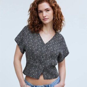 Madewell Women's Size S Black White Cropped Top Blouse Shirt Short Sleeves